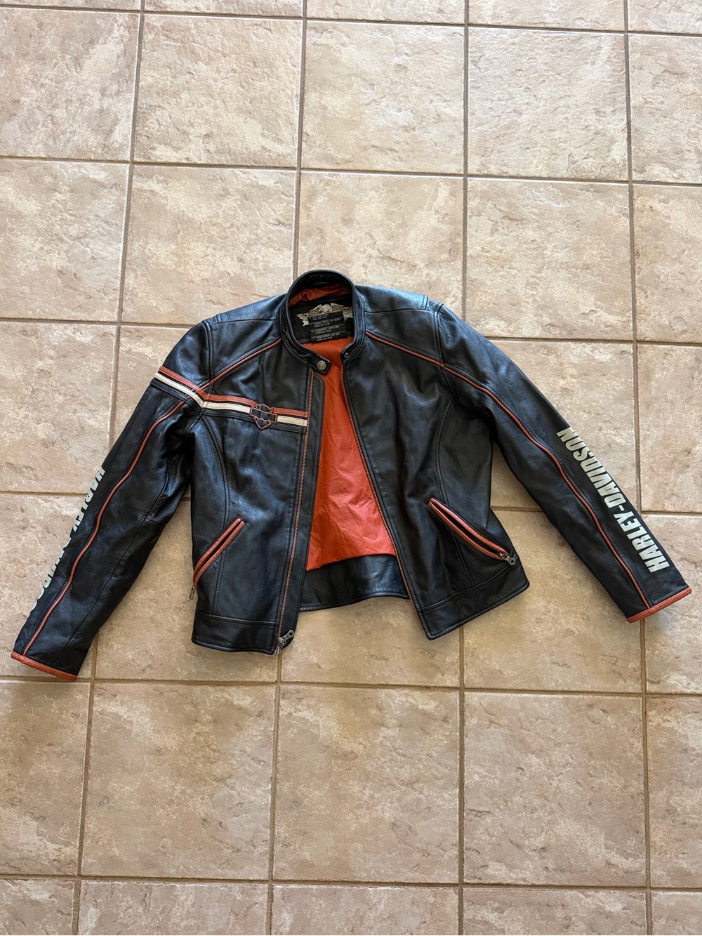 Harley-Davidson Black Leather Jacket with Orange Lining and Trim